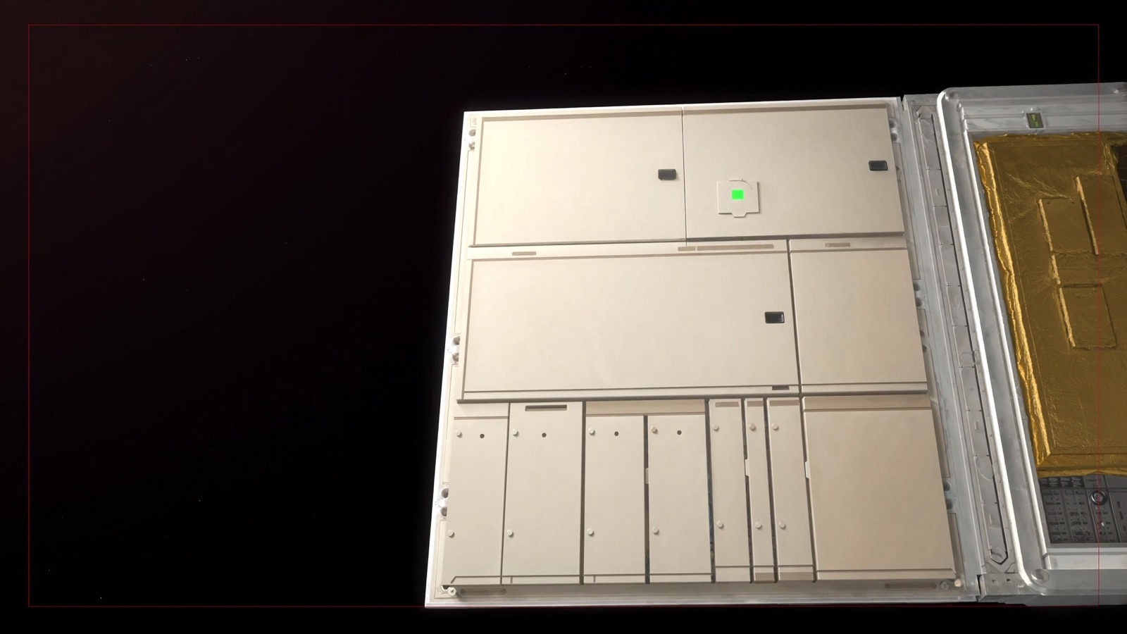 Software-defined satellite payload bay, modular RF panels and gold thermal foil, a single chartreuse status light