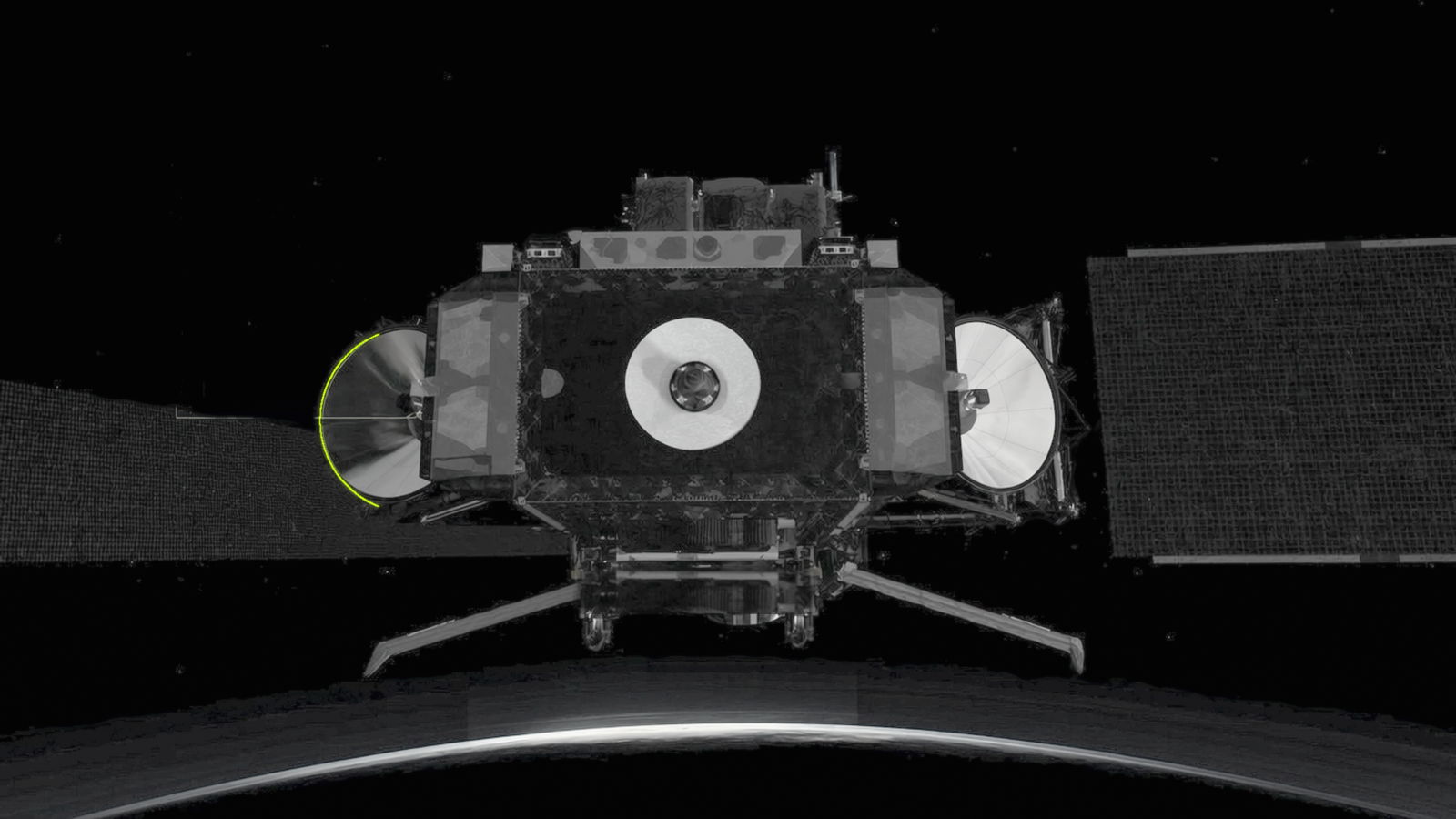 A communications satellite seen head-on in orbit, solar arrays and both antenna reflectors deployed above the lit limb of the Earth, with a single chartreuse line catching the outboard edge of one reflector.