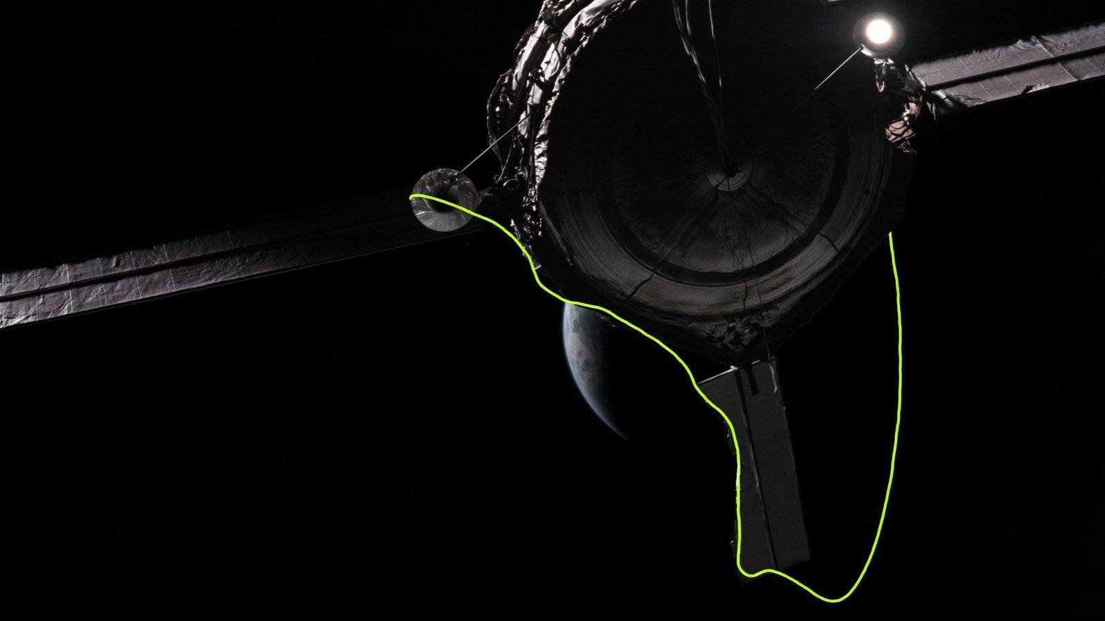 A retired GEO satellite drifting in graveyard orbit with degraded solar wings, a single chartreuse line tracing its planned disposal trajectory away from the operational arc