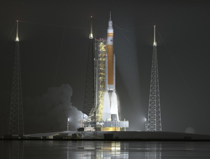 SLS rocket launch at night
