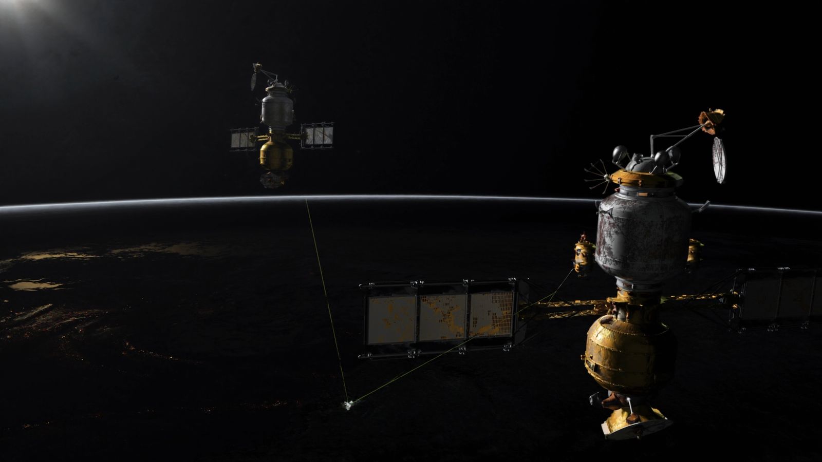 Two geostationary satellites side by side in the same orbital arc above a dark Earth limb, a single chartreuse line linking the older one to a ground point below