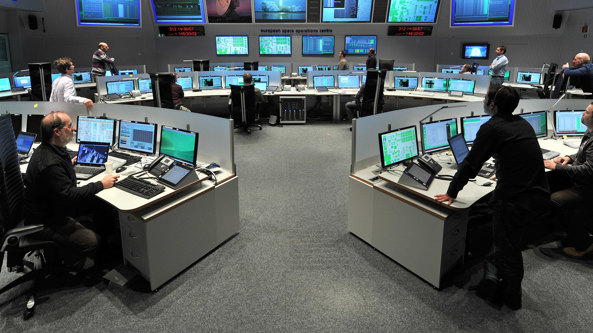 ESA European Space Operations Centre, main control room, Darmstadt — operators at consoles monitoring multiple space missions