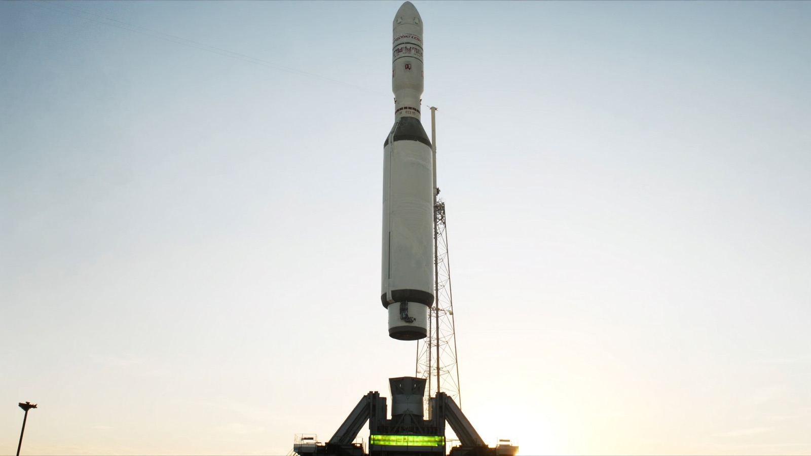 Integrated launch vehicle on the pad at night
