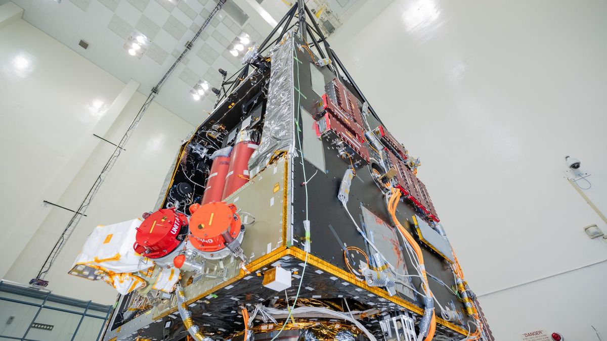 Spacecraft chassis on a commercial satellite bus during integration at JPL