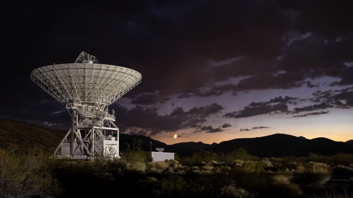 34-metre ground station antenna at Goldstone at sunset