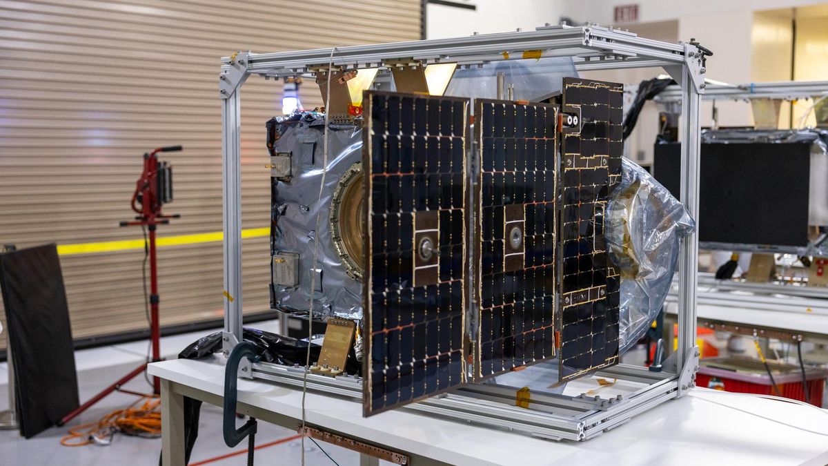 Deployed solar array on a NASA PUNCH satellite during ground testing