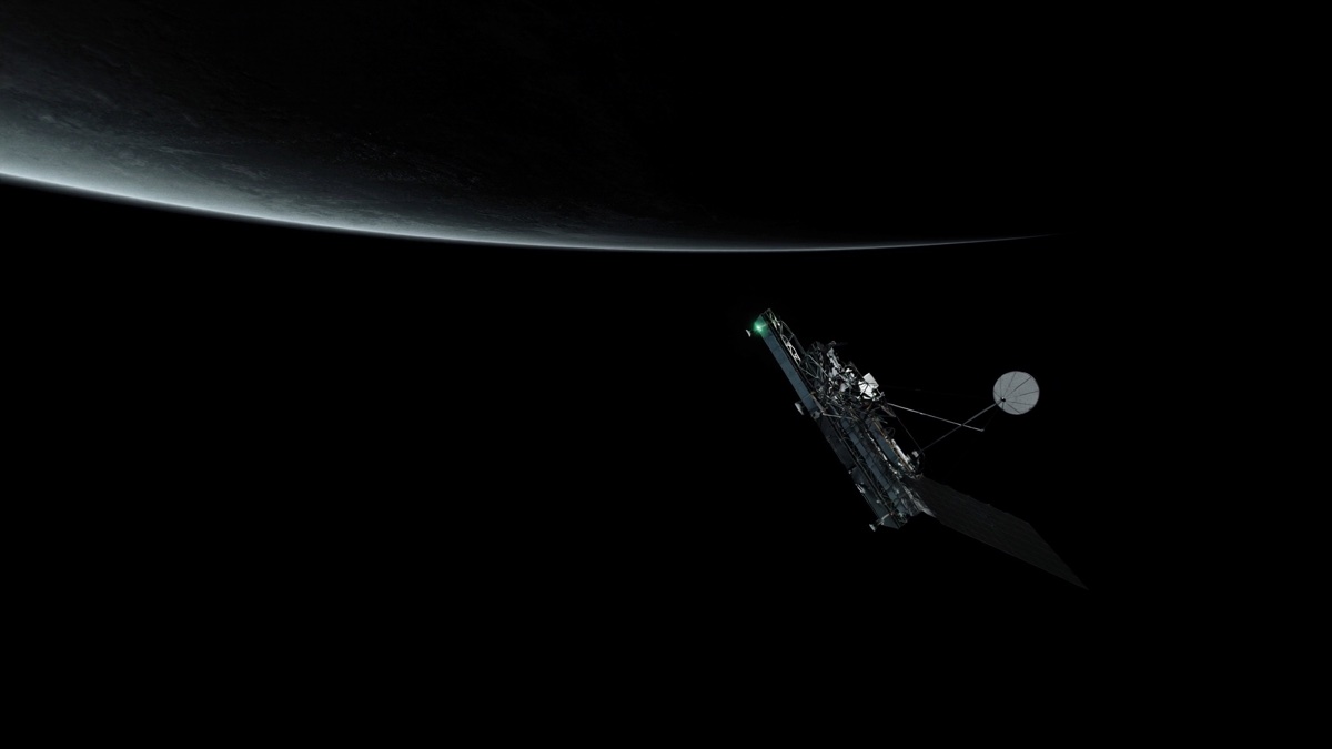 Communications satellite over Earth at night